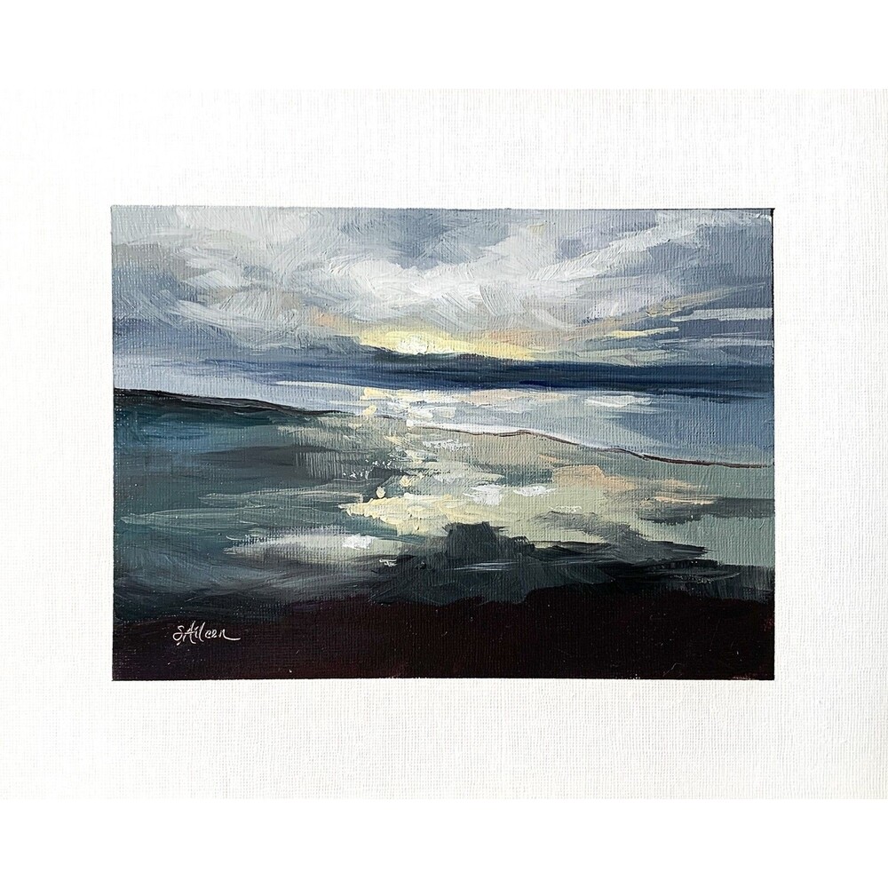 8x10 Original Seascape Oil Painting Coastal Evening Sunset Dark Ocean Art Signed